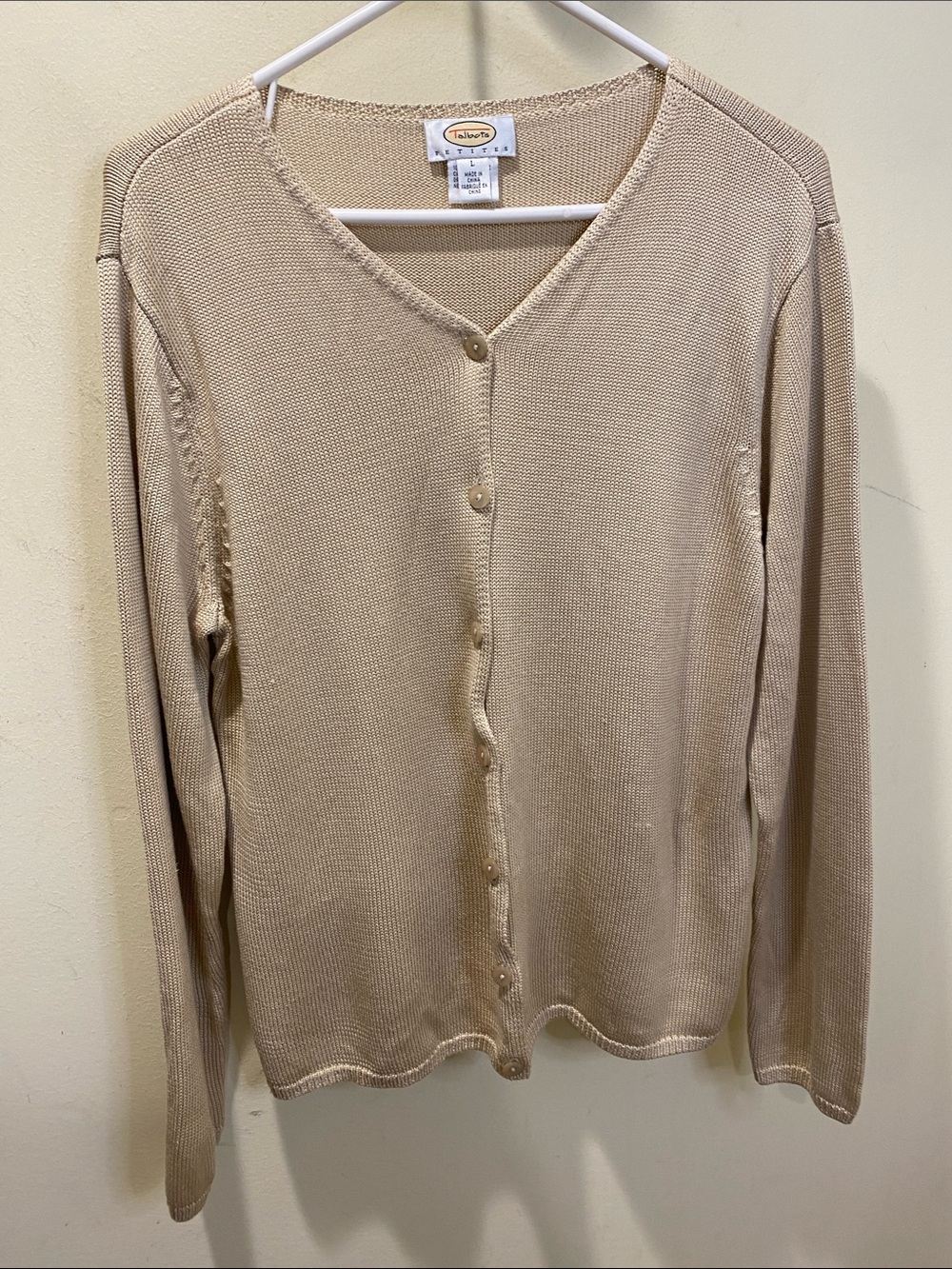 Talbots Beige V-Neck Silk Button Cardigan Sz L